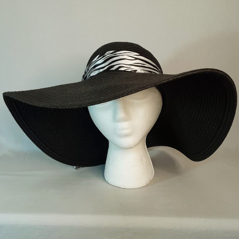 💎Jacobson Hat Ulra Wide Brim Sun Hat Black With Zebra Print Scarf